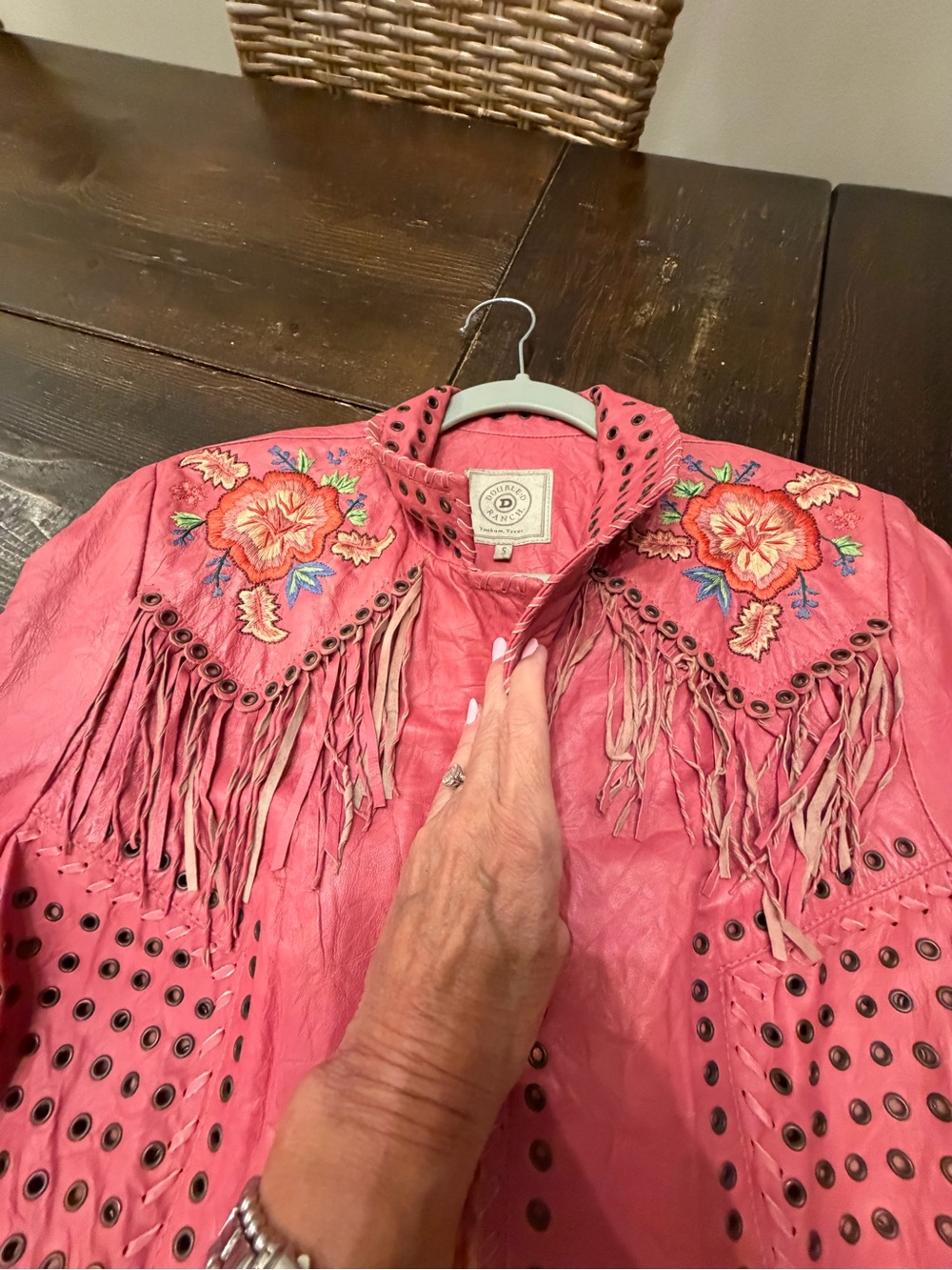 Double D Ranch Pink Embroidered Fringe Leather Jacket - Picture 6 of 11